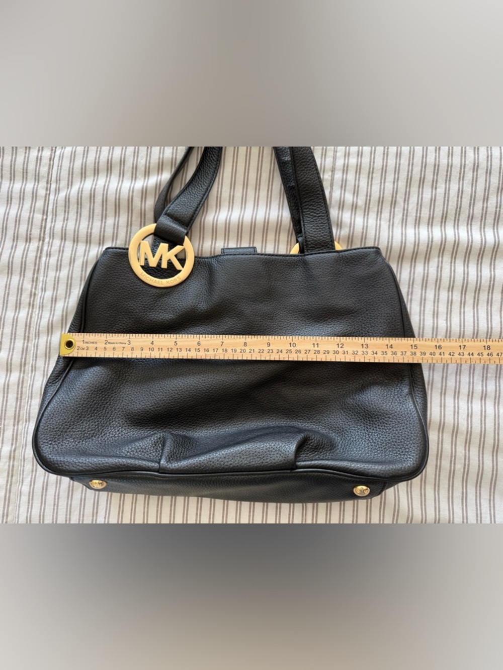 Michael Kors Black Leather Tote with Gold MK Logo Charm - Picture 11 of 13